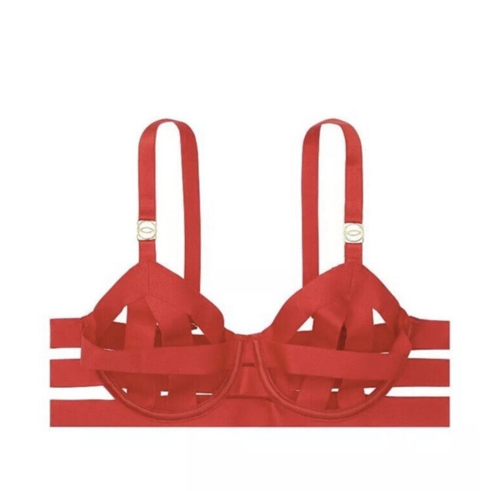 Victoria's Secret Luxe 34DD Unlined Balconet Strappy Banded Caged‎ Bra Red NWT - Picture 2 of 3